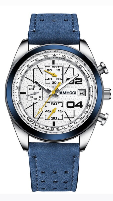 AMUCCI Watch Chrono 2, Blau Leder -Herren Chronograph 43-45 mm, Leder, sportlich elegant, Datumsanzeige, Geschenk für Männer