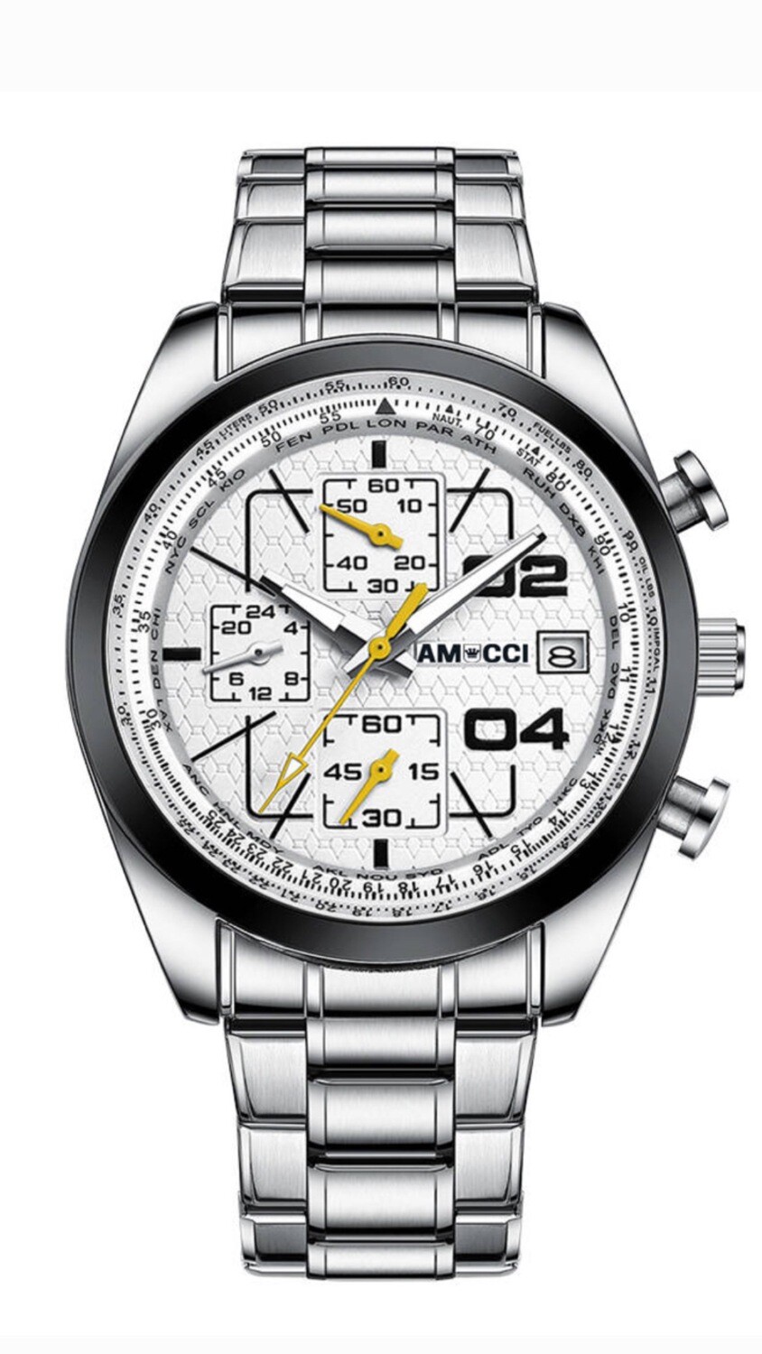 AMUCCI Watch Chrono 2, Metall Ring Schwarz-Herren Chronograph 43-45 mm, Leder, sportlich elegant, Datumsanzeige, Geschenk für Männer