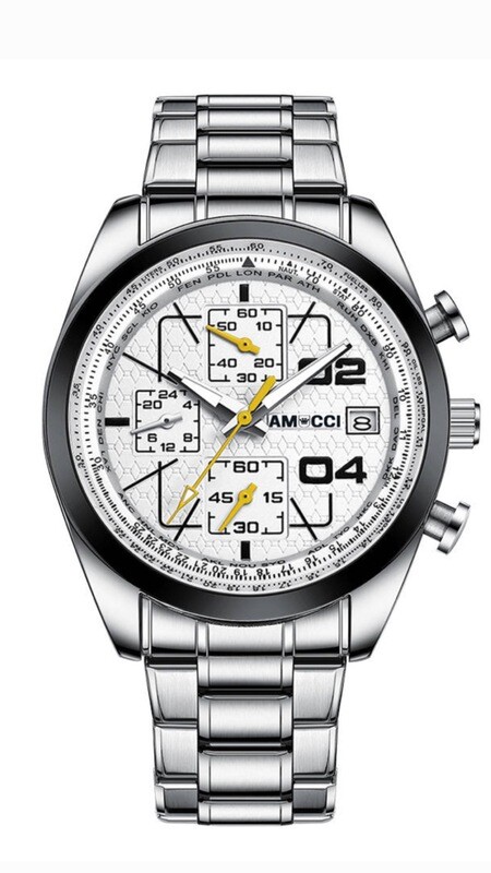 AMUCCI Watch Chrono 2, Metall Ring Schwarz-Herren Chronograph 43-45 mm, Leder, sportlich elegant, Datumsanzeige, Geschenk für Männer