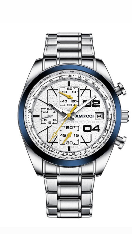 AMUCCI Watch Chrono 2, Blau Metall Ring -Herren Chronograph 43-45 mm, Leder, sportlich elegant, Datumsanzeige, Geschenk für Männer
