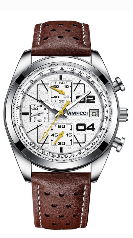 AMUCCI Watch Chrono 2, Braun Leder -Herren Chronograph 43-45 mm, Leder, sportlich elegant, Datumsanzeige, Geschenk für Männer