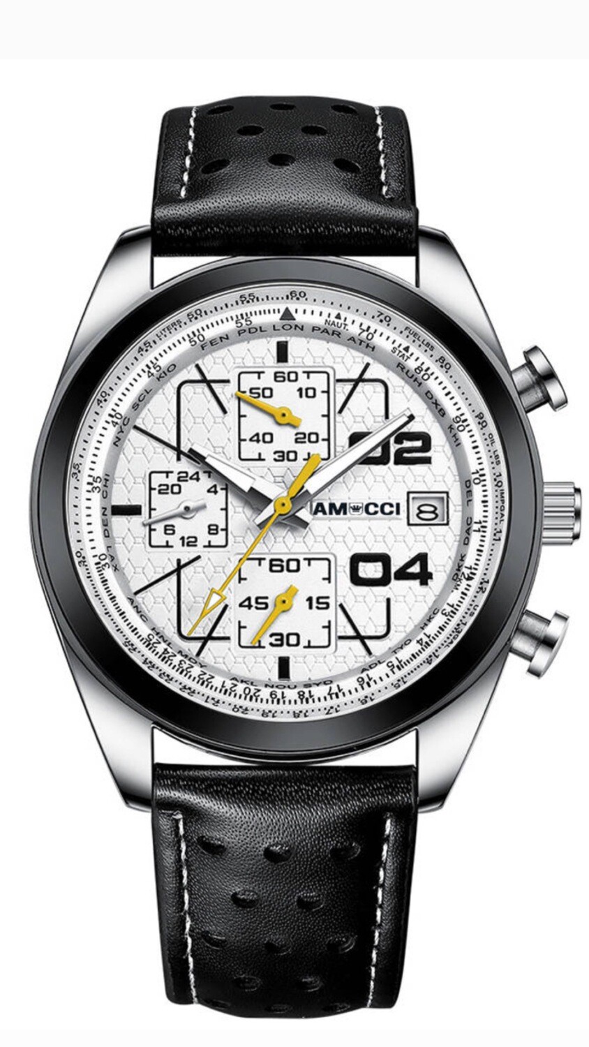 AMUCCI Watch Chrono 2, Schwarz Leder -Herren Chronograph 43-45 mm, Leder, sportlich elegant, Datumsanzeige, Geschenk für Männer