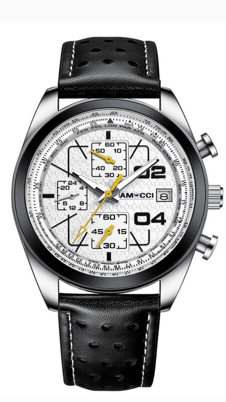 AMUCCI Watch Chrono 2, Schwarz Leder -Herren Chronograph 43-45 mm, Leder, sportlich elegant, Datumsanzeige, Geschenk für Männer