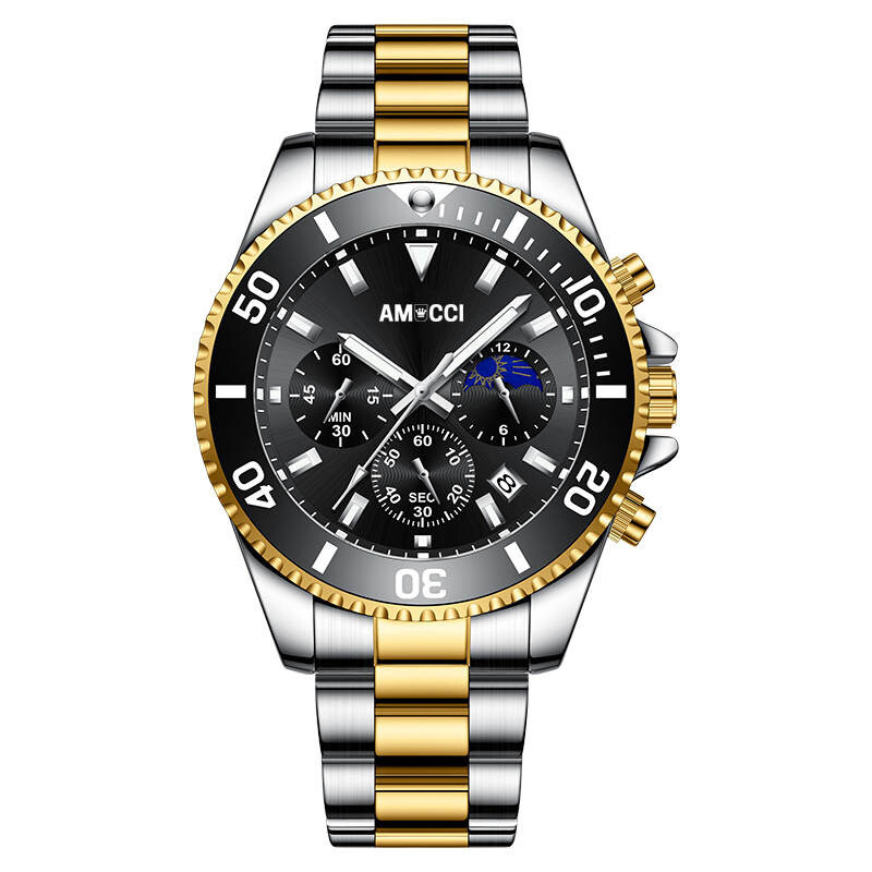 AMUCCI AMU380 Chrono – Gold-Herren Chronograph Armbanduhr 43-45 mm, Edelstahl, sportlich elegant, Datumsanzeige, Geschenk für Männer