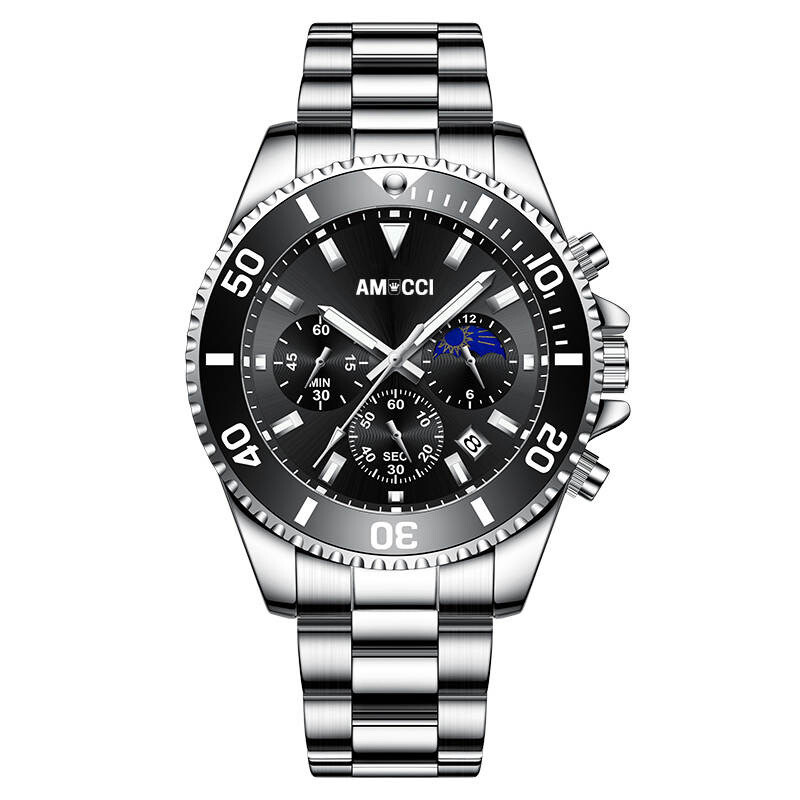 AMUCCI AMU380 Chrono – Classic-Herren Chronograph Armbanduhr 43-45 mm, Edelstahl, sportlich elegant, Datumsanzeige, Geschenk für Männer