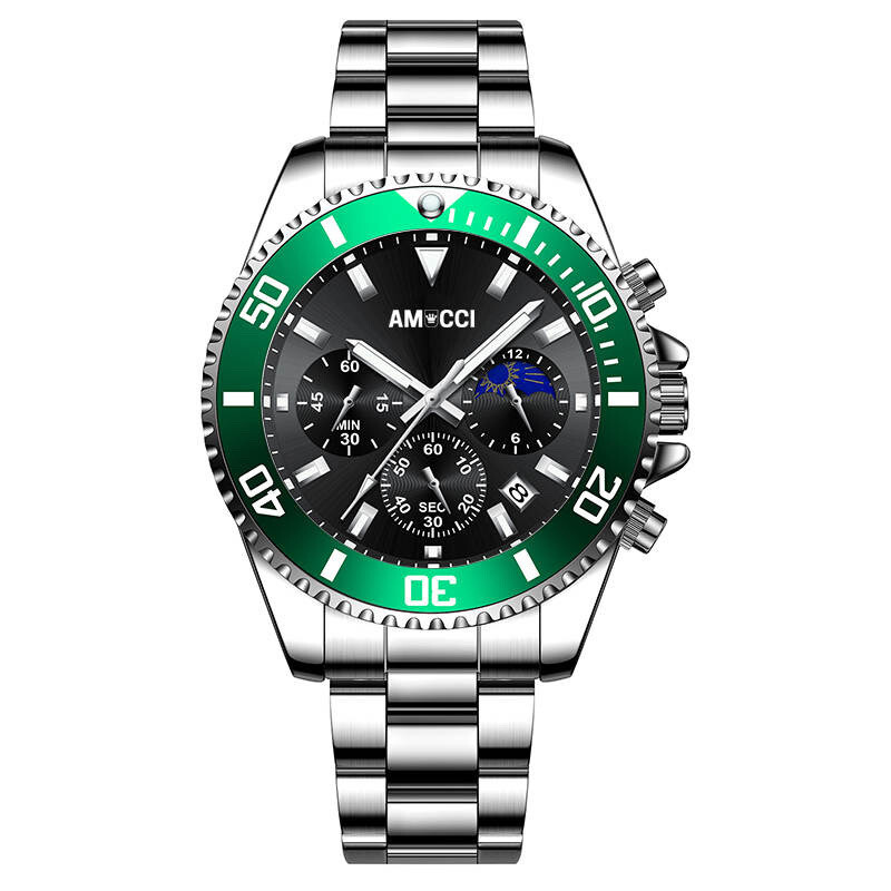 AMUCCI AMU380 Chrono – Grün-Herren Chronograph Armbanduhr 43-45 mm, Edelstahl, sportlich elegant, Datumsanzeige, Geschenk für Männer