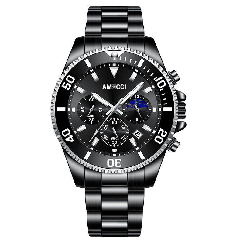 AMUCCI AMU380 Chrono – Black-Herren Chronograph Armbanduhr 43-45 mm, Edelstahl, sportlich elegant, Datumsanzeige, Geschenk für Männer