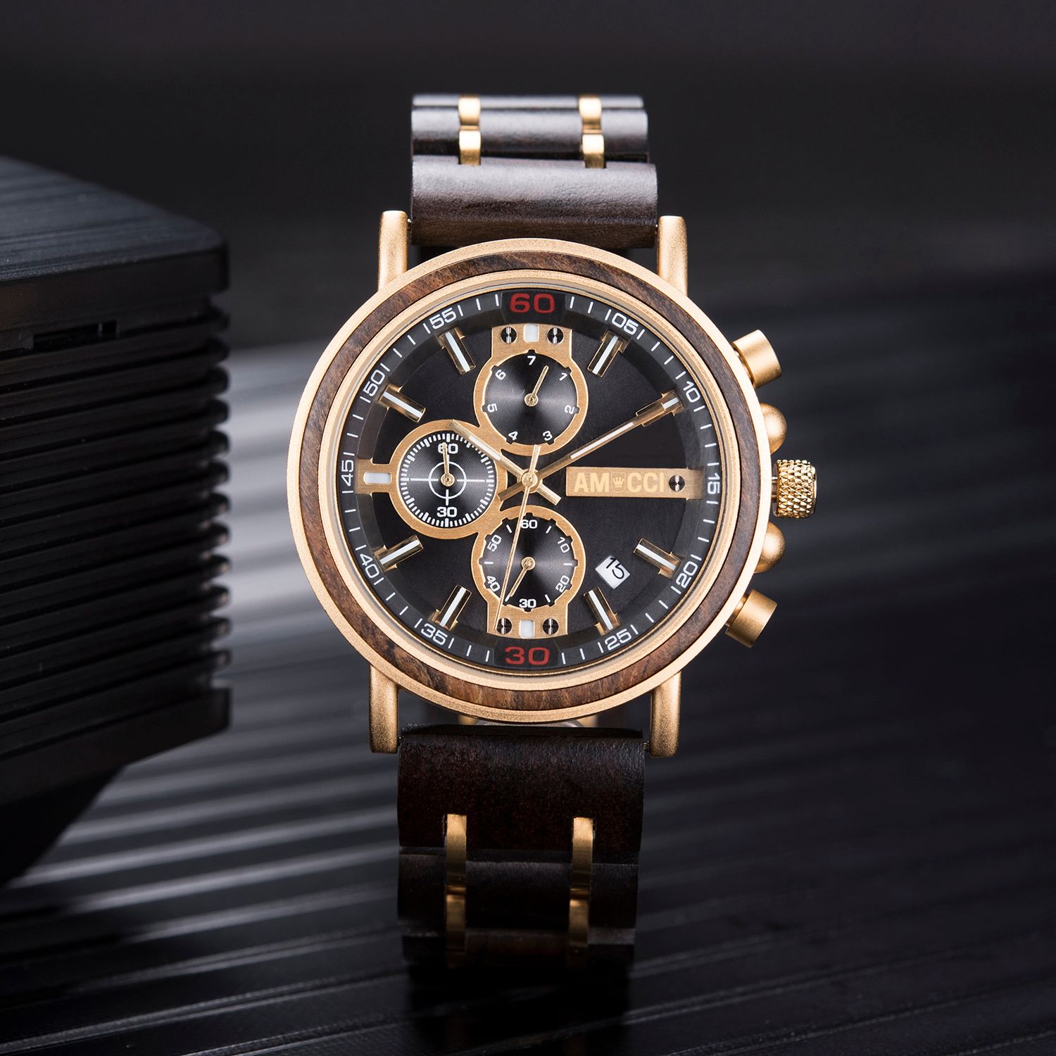 AMUCCI Wood Watch GS018-7C – elegante Holzuhr Gold u. Schwarz, Herrenuhr, nachhaltige Armbanduhr, Geschenkidee