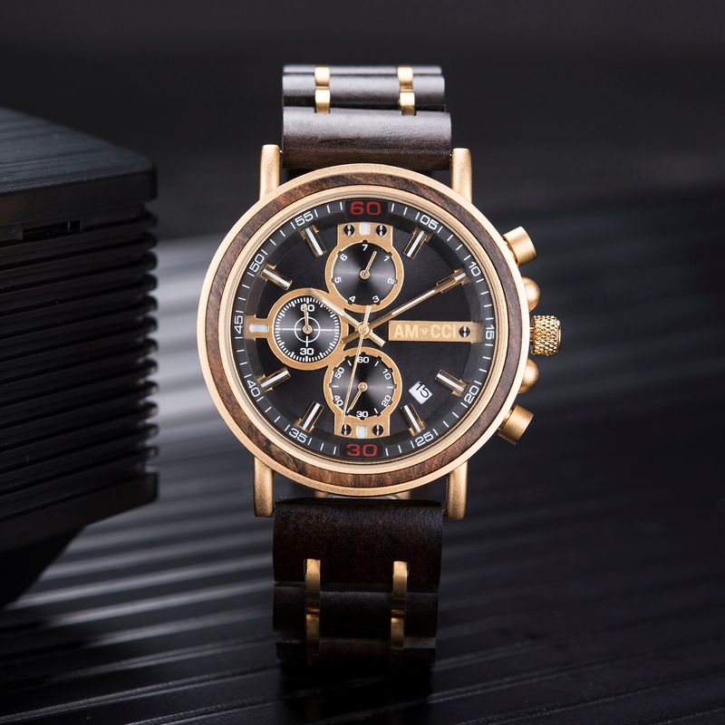 AMUCCI Wood Watch GS018-7C – elegante Holzuhr Gold u. Schwarz, Herrenuhr, nachhaltige Armbanduhr, Geschenkidee
