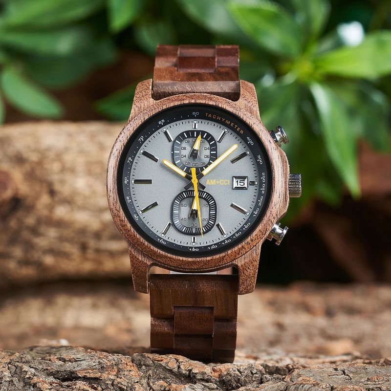AMUCCI Wood Watch GT159-4A SMOKE Holzuhr Armbanduhr elegante und Sportlich Herrenuhr, nachhaltige Armbanduhr, Geschenkidee