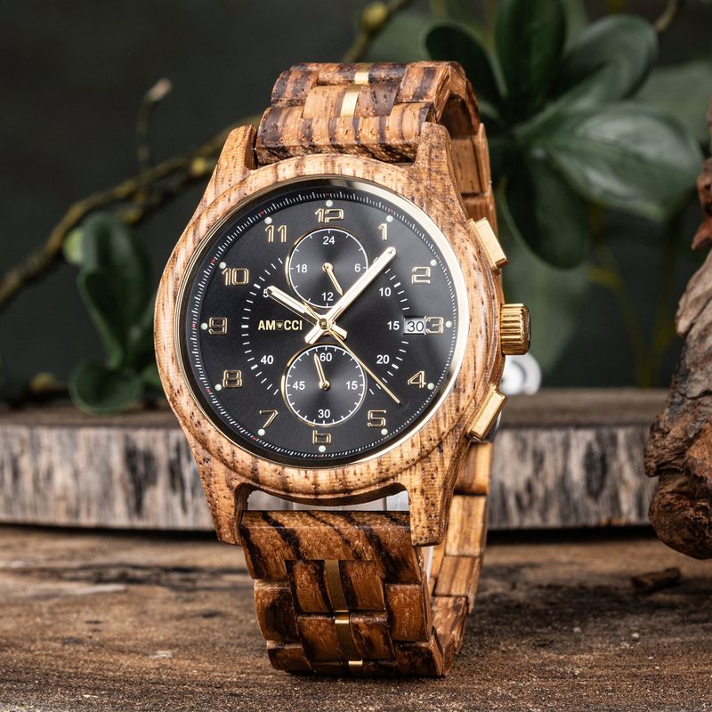 AMUCCI Wood Watch GT161-2A Black/Gold Holzuhr Armbanduhr