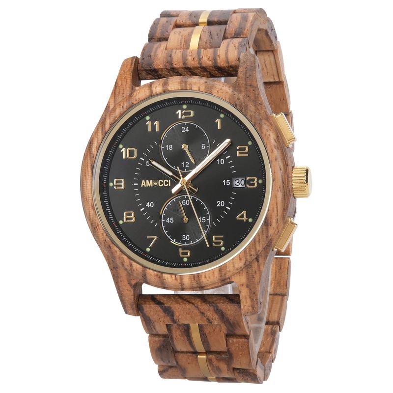 AMUCCI Wood Watch GT161-2A Black/Gold Holzuhr Armbanduhr