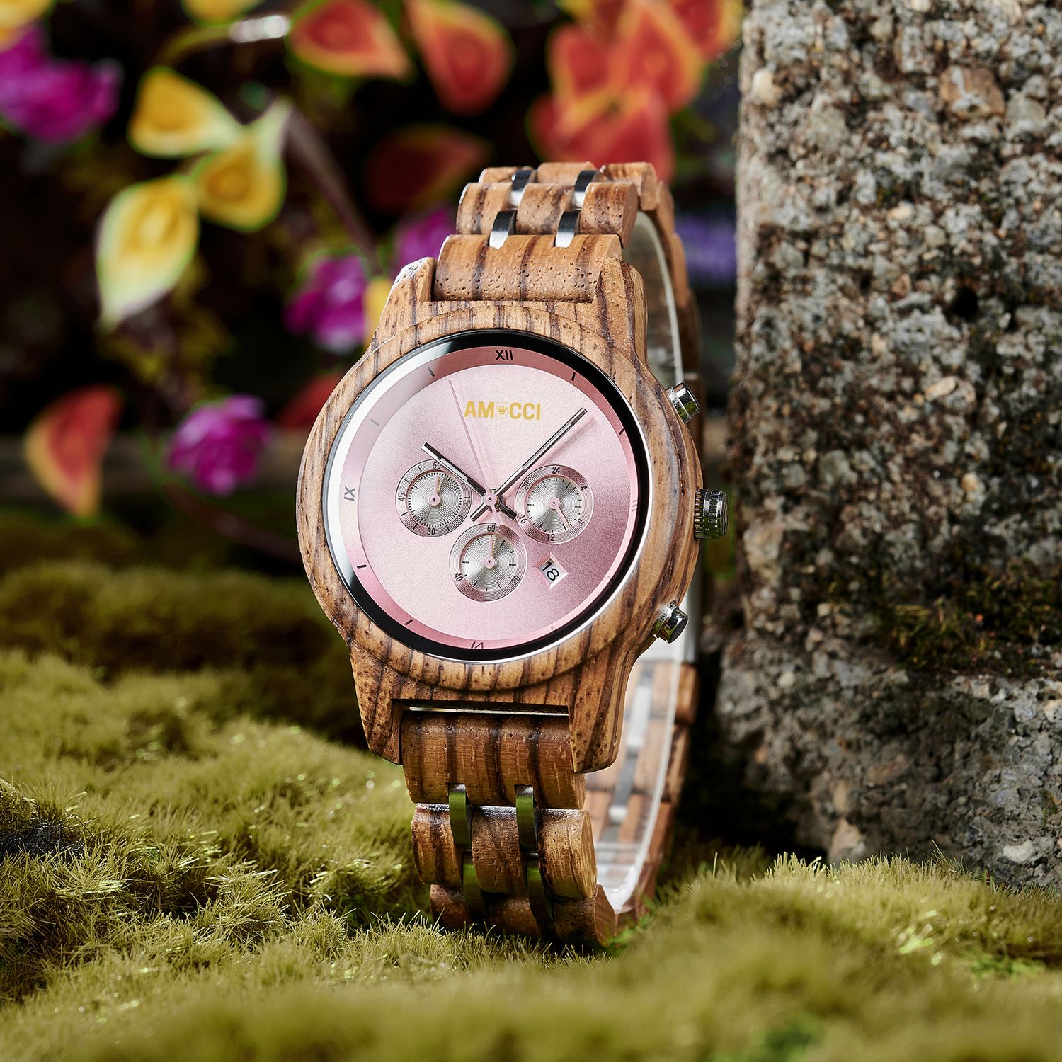 AMUCCI Wood Chrono Watch GP018-3A Pink Holzuhr Damen Armbanduhr elegante Damenuhr, nachhaltige Armbanduhr, Geschenkidee