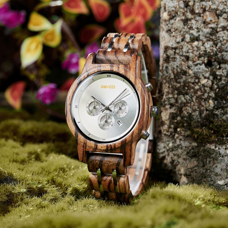 AMUCCI Wood Chrono Watch GP018-2A Silber Holzuhr Damen Armbanduhr elegante Holzuhr Damenuhr, nachhaltige Armbanduhr, Geschenkidee