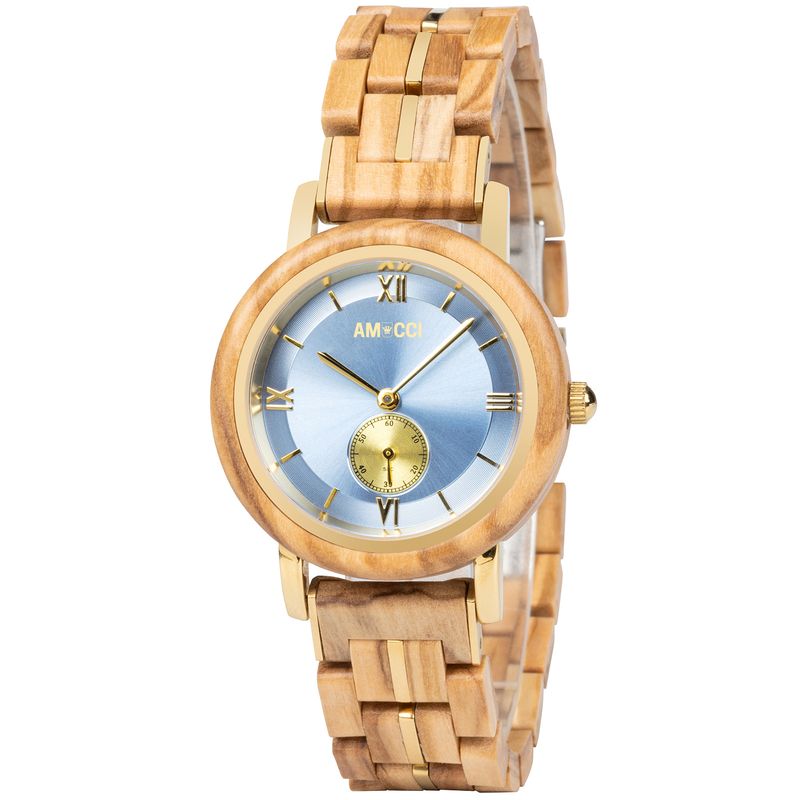 AMUCCI Wood GT126-3A Light Blue Holzuhr Damen Armbanduhr
