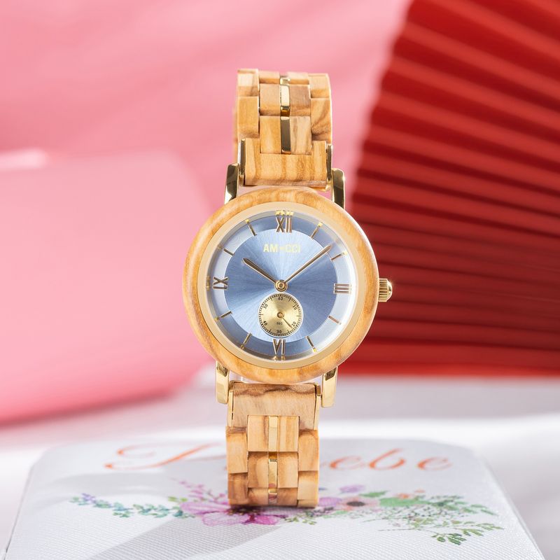 AMUCCI Wood GT126-3A Light Blue  Holzuhr Damen Armbanduhr