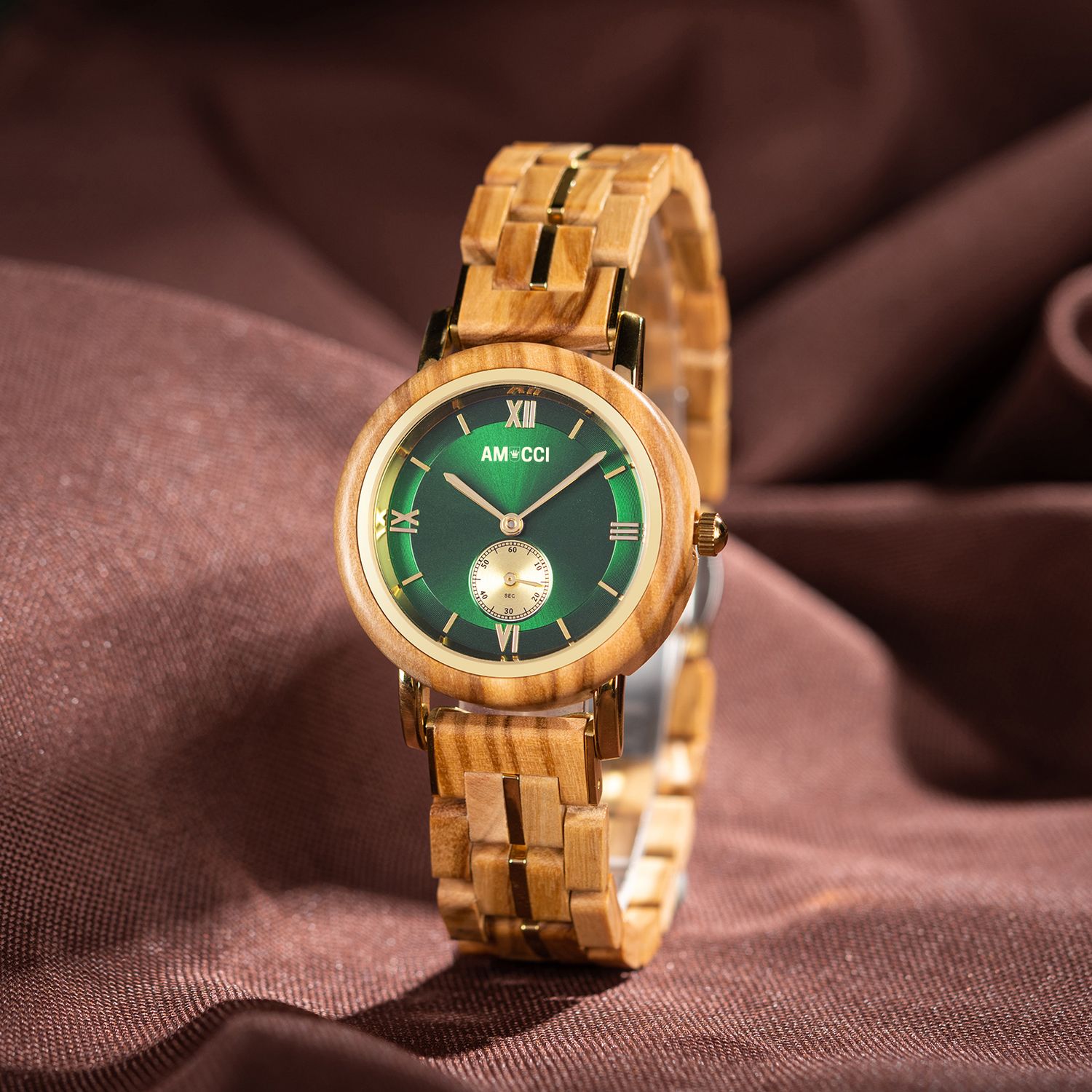 AMUCCI Wood GT126-3A Green  Holzuhr Damen Armbanduhr