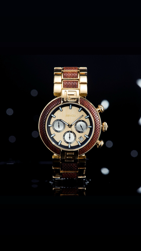 AMUCCI Watch GT015-3A Chrono Gold elegante und Sportlich Holzuhr Metalluhr Herrenuhr, nachhaltige Armbanduhr, Geschenkidee