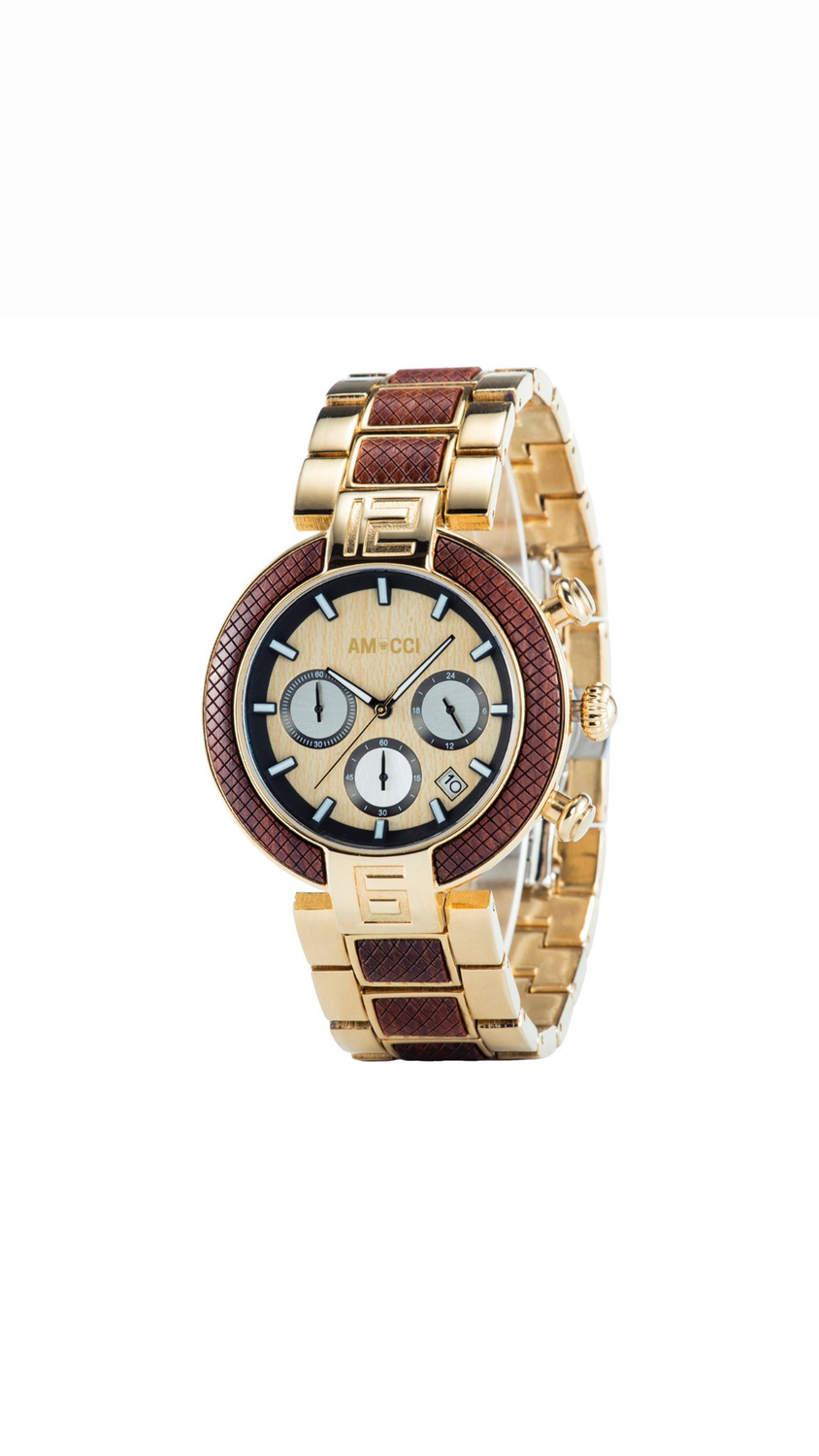 AMUCCI Watch GT015-3A Chrono Gold elegante und Sportlich Holzuhr Metalluhr Herrenuhr, nachhaltige Armbanduhr, Geschenkidee