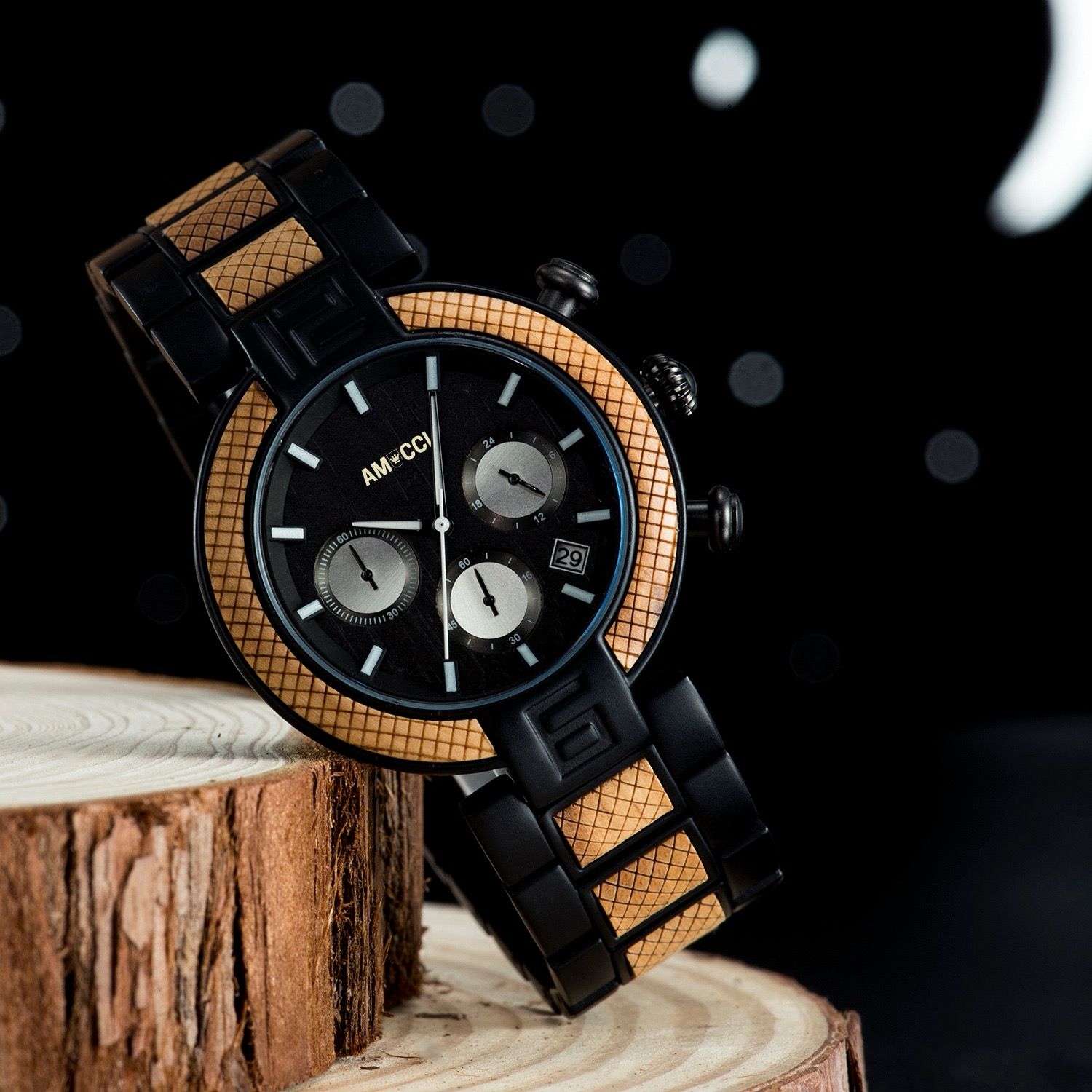 AMUCCI Watch GT015-1A Chrono Schwarz elegante und Sportlich Holzuhr Metalluhr Herrenuhr, nachhaltige Armbanduhr, Geschenkidee