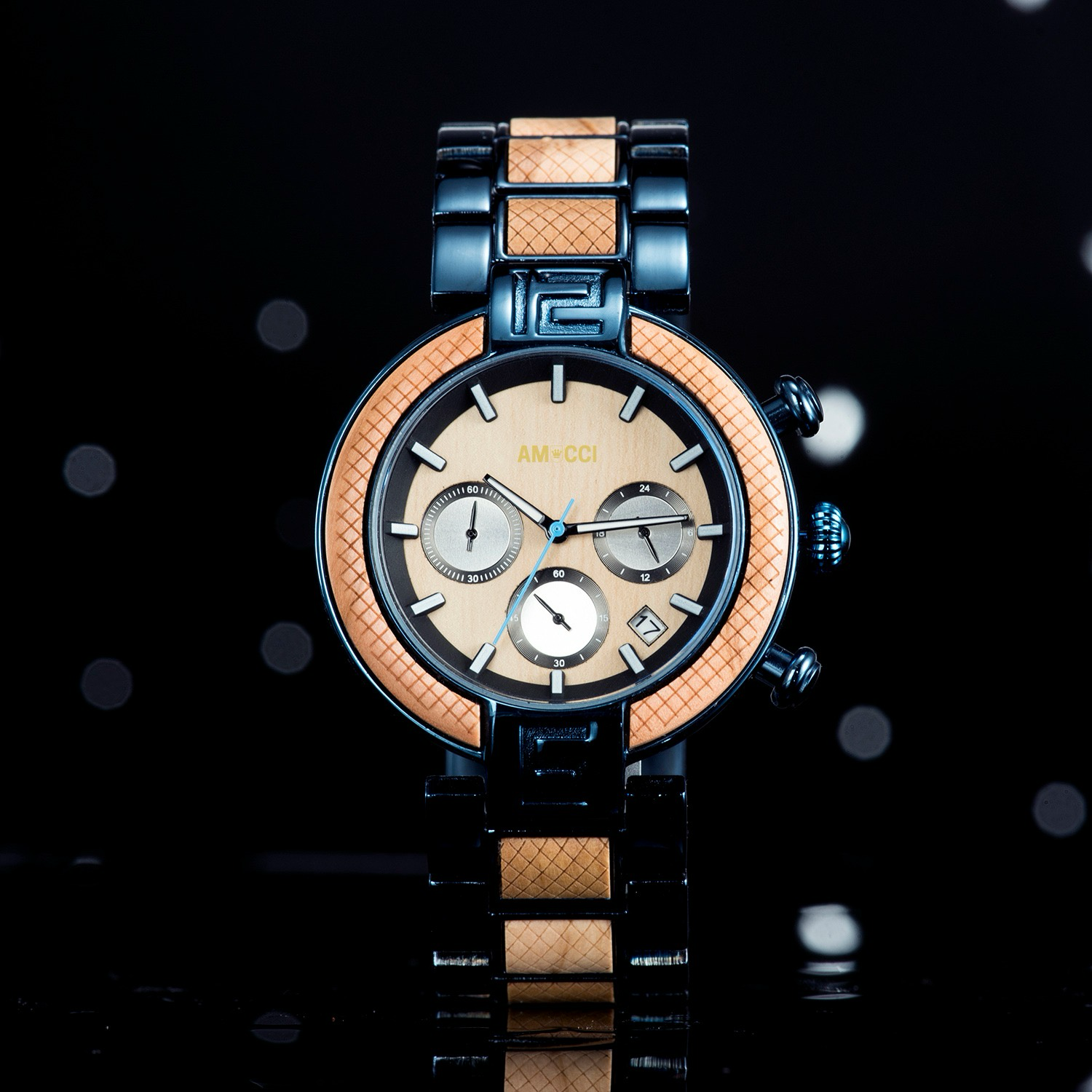 AMUCCI Watch GT015-2A Chrono Blue elegante und Sportlich Holzuhr Metalluhr Herrenuhr, nachhaltige Armbanduhr, Geschenkidee