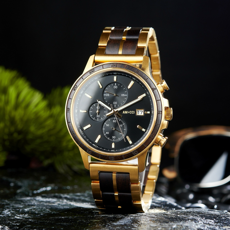 AMUCCI Wood Watch GT139-2A Holzuhr Armbanduhr elegante und Sportlich Holzuhr Metalluhr Herrenuhr, nachhaltige Armbanduhr, Geschenkidee