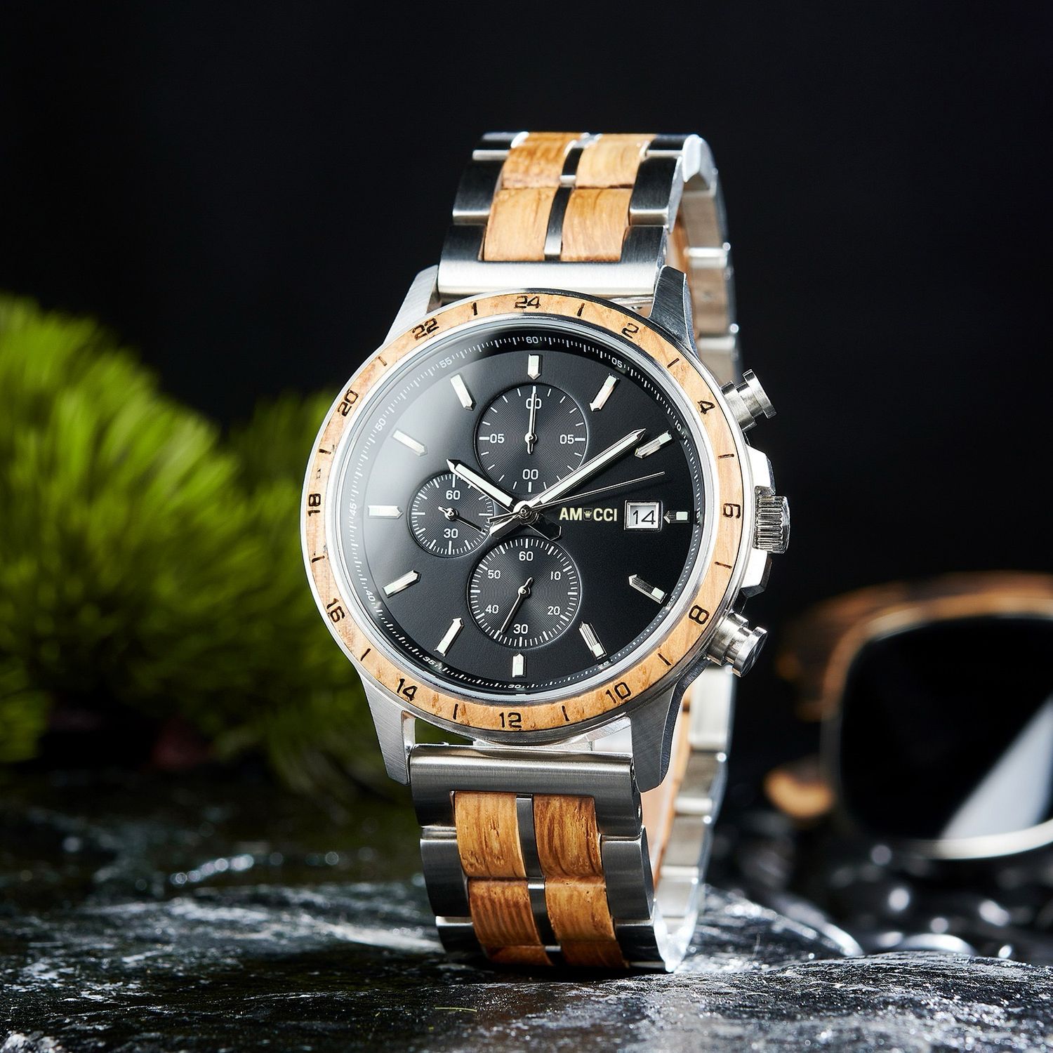 AMUCCI Wood Watch GT139-1A Holzuhr Armbanduhr elegante und Sportlich Holzuhr Metalluhr Herrenuhr, nachhaltige Armbanduhr, Geschenkidee