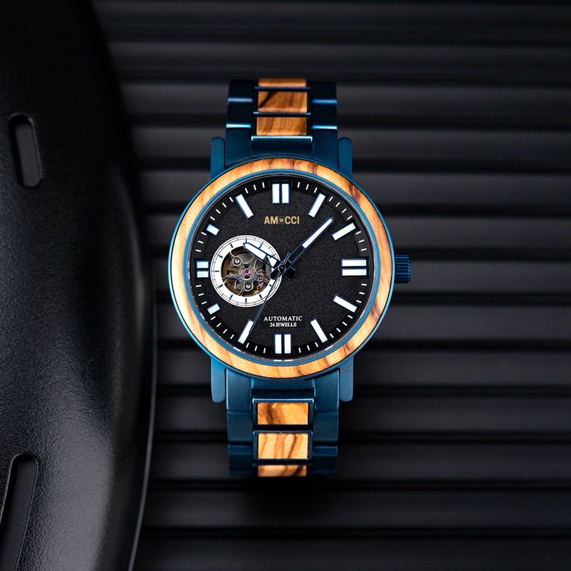 AMUCCI GT045-1 Blue – Hochwertige Automatikuhr aus Holz &amp; Metall“
