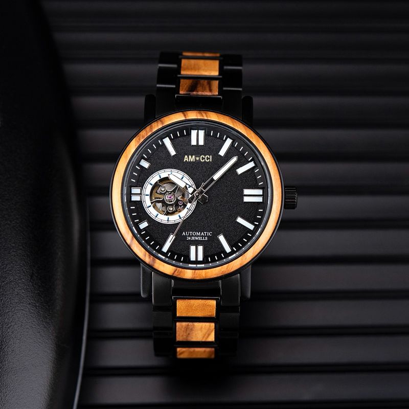AMUCCI GT045-2 Black– Hochwertige Automatikuhr aus Holz &amp; Metall“