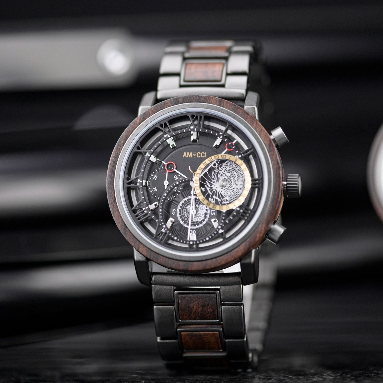 AMUCCI Wood Watch GT044-2– Herren-Holzuhr 44 mm, Holz &amp; Metall, robuste Männeruhr, nachhaltige Armbanduhr, Geschenkidee