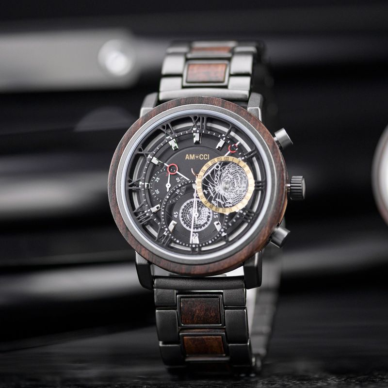 AMUCCI Wood Watch GT044-2– Herren-Holzuhr 44 mm, Holz &amp; Metall, robuste Männeruhr, nachhaltige Armbanduhr, Geschenkidee
