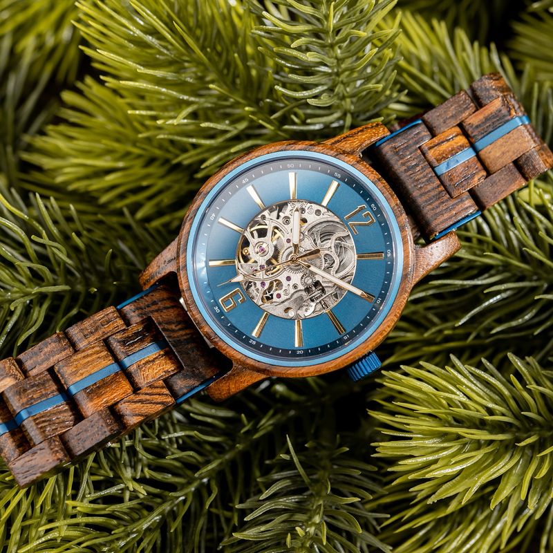 AMUCCI  GT114-2A Blue – Hochwertige Automatikuhr aus Holz &amp; Metall“