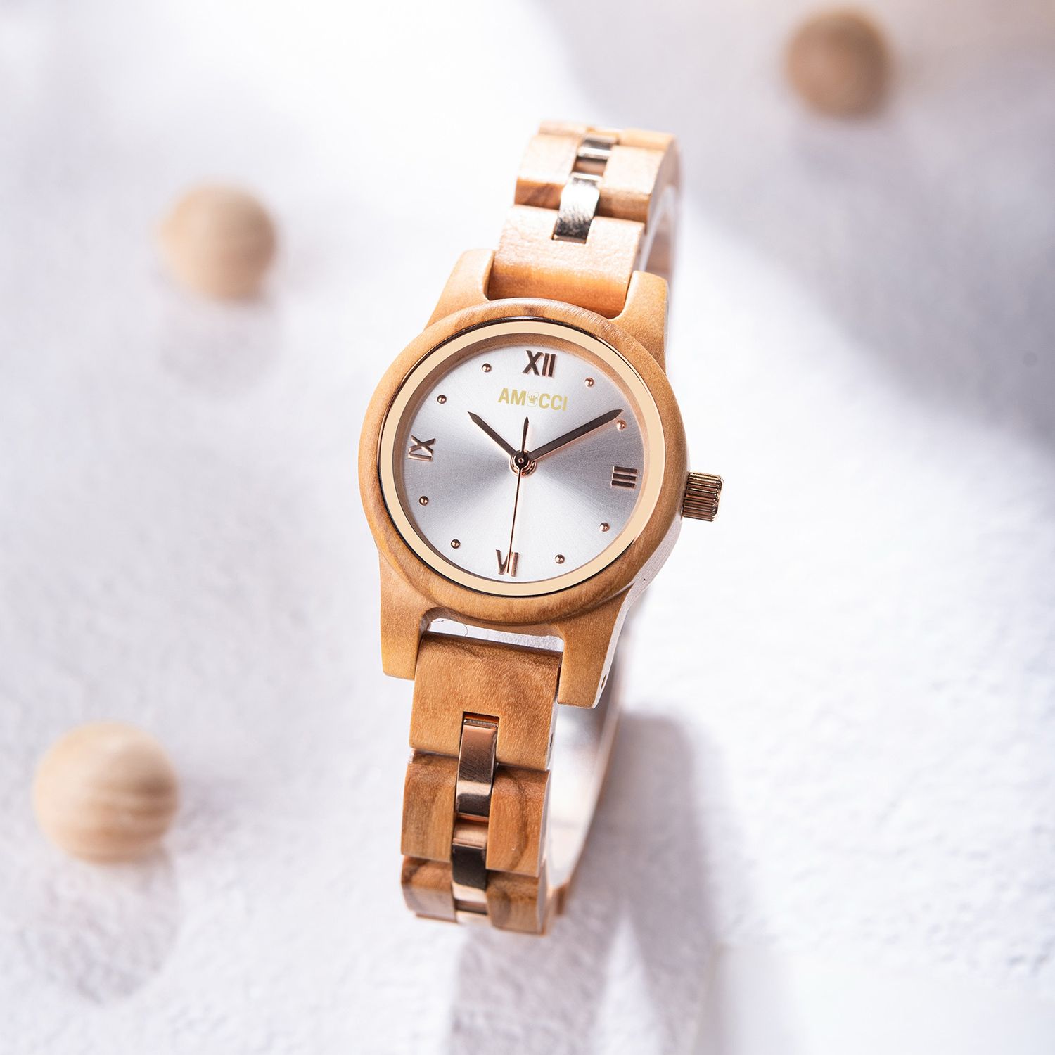 AMUCCI Wood GT145-3A Holzuhr Damen Armbanduhr elegante Holzuhr Damenuhr, nachhaltige Armbanduhr, Geschenkidee