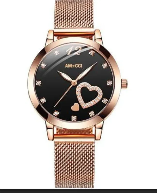 AMUCCI AMORE – Schwarz-Damenuhr Herzdesign 36 mm, Roségold,Edelstahl, Geschenk für Frauen, Valentinstag.