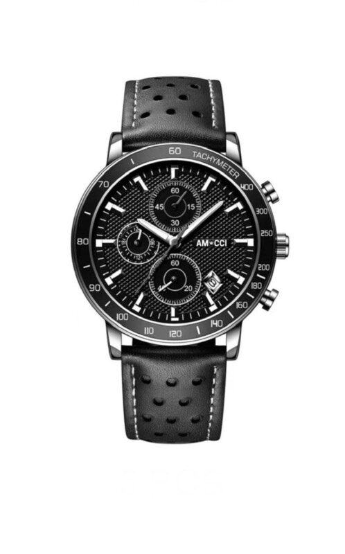 AMUCCI Watch Chrono 1, Leder Schwarz Armbanduhr Herren Uhr Chronograph Herrenuhren