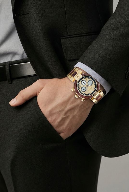 AMUCCI Watch GT015-3A Chrono Gold elegante und Sportlich Holzuhr Metalluhr
