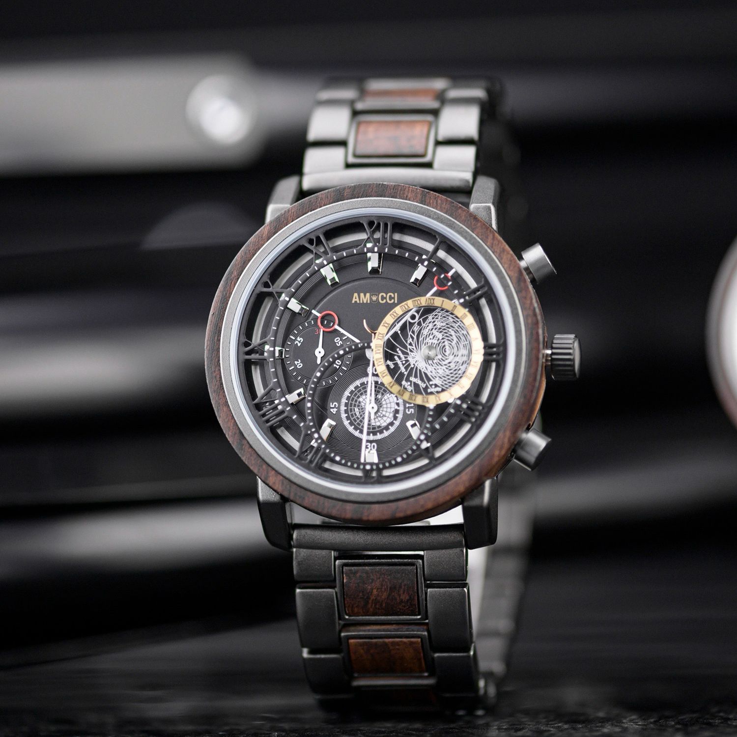 AMUCCI Wood Watch GT044-1– Herren-Holzuhr 44 mm, Holz &amp; Metall, robuste Männeruhr, nachhaltige Armbanduhr, Geschenkidee