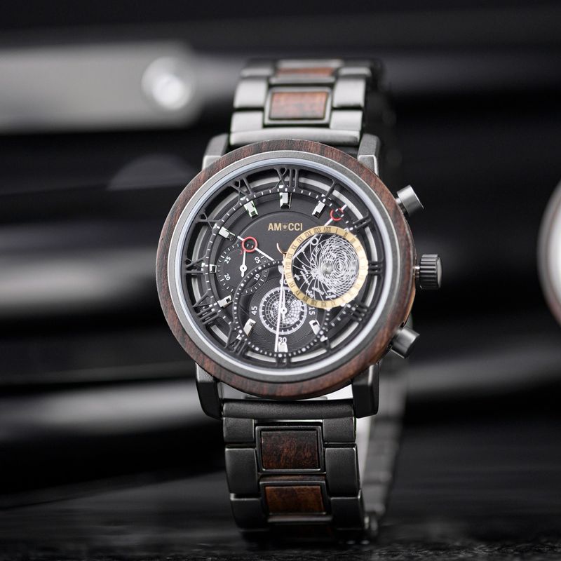 AMUCCI Wood Watch GT044-1– Herren-Holzuhr 44 mm, Holz &amp; Metall, robuste Männeruhr, nachhaltige Armbanduhr, Geschenkidee