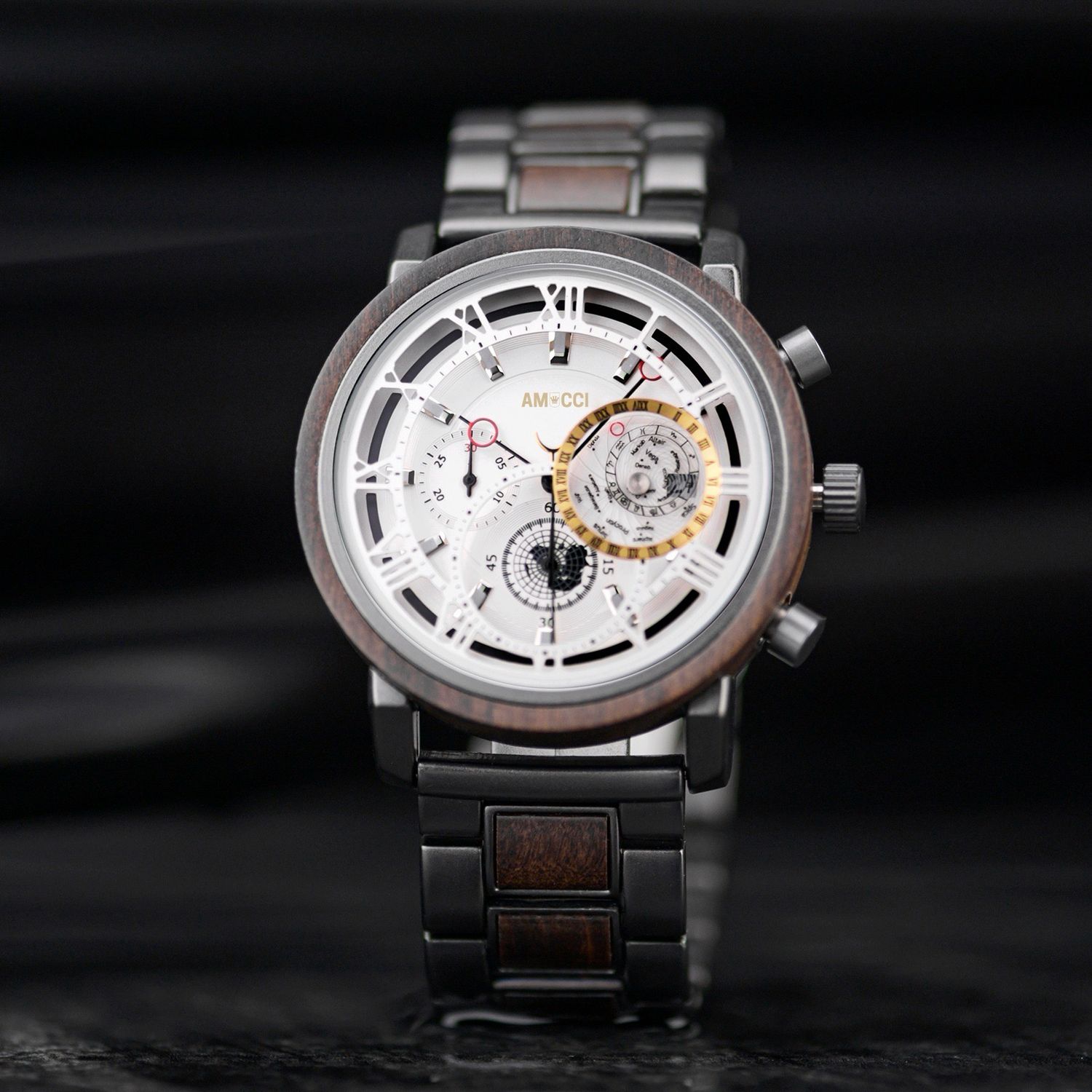 AMUCCI Wood Watch GT044-2– Herren-Holzuhr 44 mm, Holz &amp; Metall, robuste Männeruhr, nachhaltige Armbanduhr, Geschenkidee