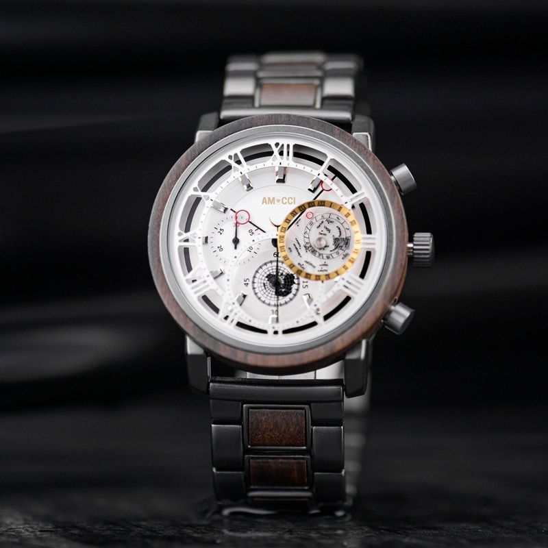 AMUCCI Wood Watch GT044-2– Herren-Holzuhr 44 mm, Holz &amp; Metall, robuste Männeruhr, nachhaltige Armbanduhr, Geschenkidee