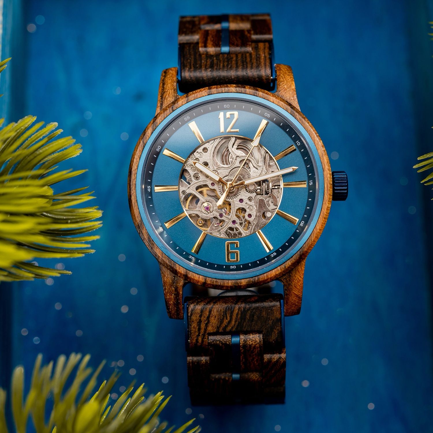AMUCCI  GT114-2A Blue – Hochwertige Automatikuhr aus Holz &amp; Metall“