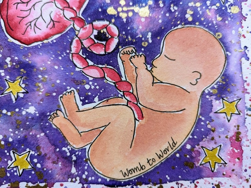 Cosmic Placenta Womb Baby Watercolour Painting