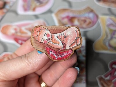 Baby and Placenta Wooden Pin Badge