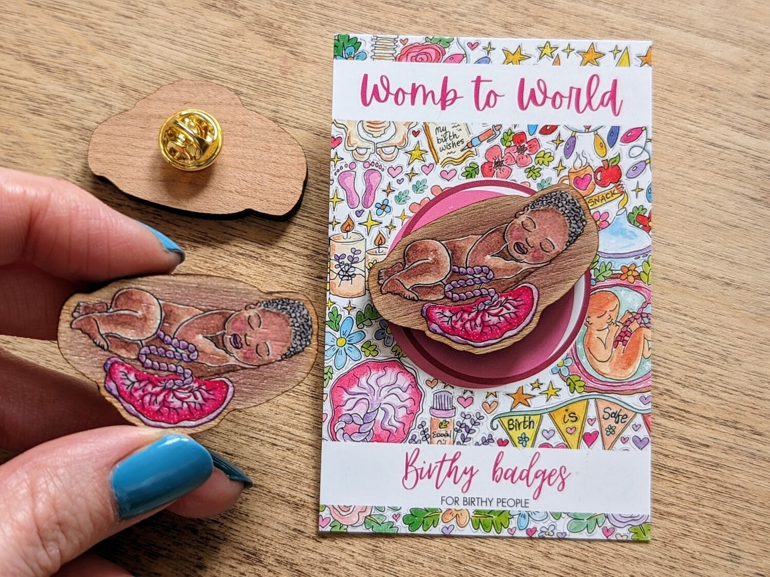 Baby and Placenta Wooden Pin Badge