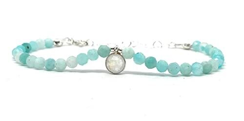 Pulsera de amazonita piedra natural de 4mm de grosor dije central de piedra luna en plata de ley ajustable de 16cm a 19cm