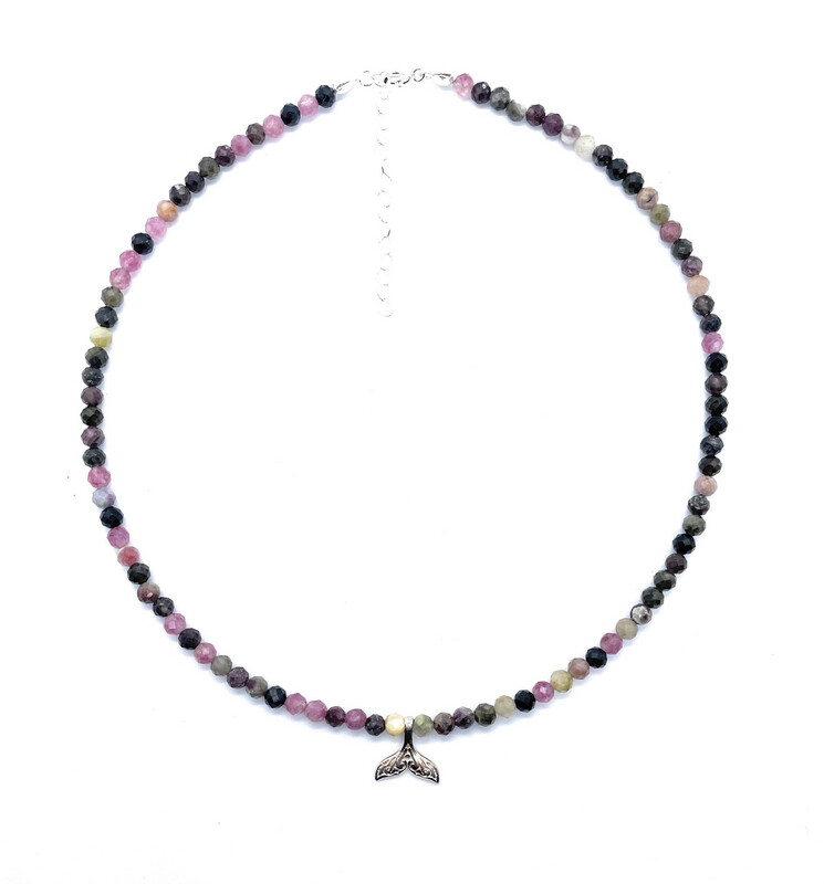 Gargantilla de turmalina sandia de 4 mm de grosor piedra natural colgante de cola de sirena plata de primera ley 925 ajustable de 40cm a 45 cm