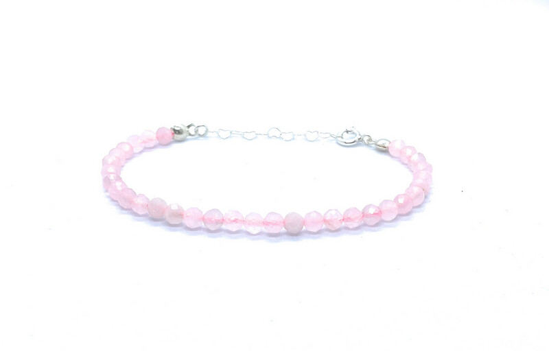 Pulsera de cuarzo rosa de 4mm de grosor plata de primera ley ajustable de 16cm a 19cm