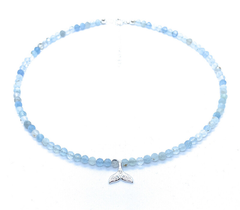 Gargantilla de aguamarina piedra natural con colgante de cola de sirena plata de primera ley ajustable de 40cm a 45cm