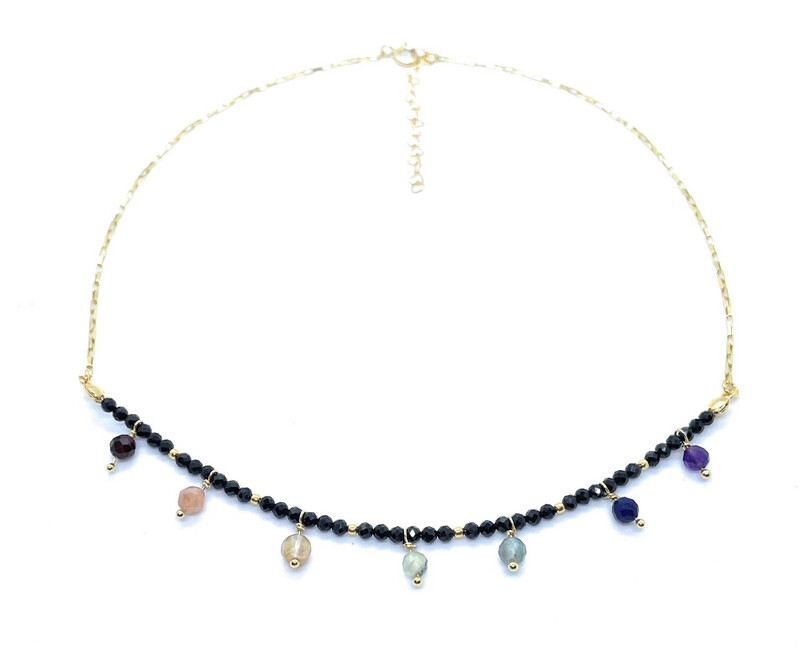 Gargantilla de 7 chakras espinela negra piedra natural cadena de plata de ley chapada en oro amarillo de 24K ajustable de 40cm a 45cm
