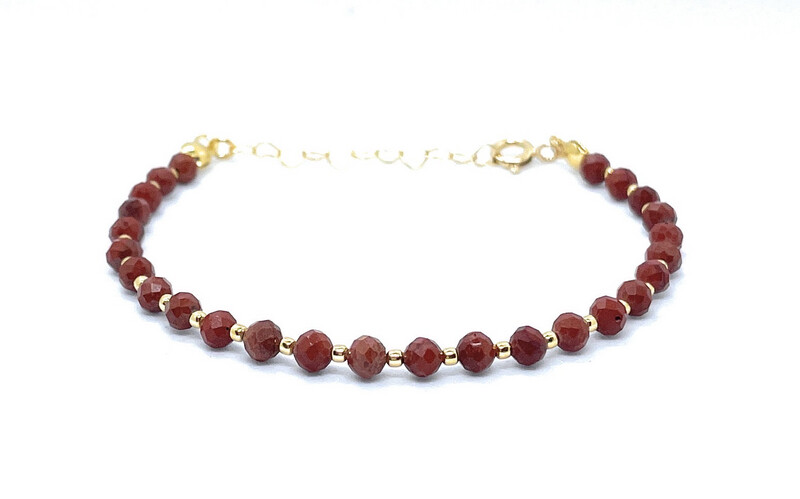 Pulsera de jaspe rojo de 4 mm de grosor piedra natural plata de primera ley chapada en oro amarillo de 24k ajustable de 16cm a 19cm